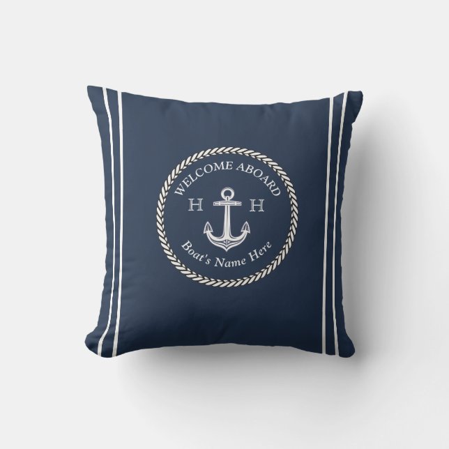Nautic Navy Blue Boat Name Anchor Rope Kissen (Vorderseite)