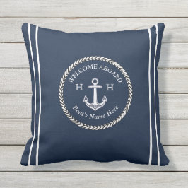 Nautic Navy Blue Boat Name Anchor Rope Kissen
