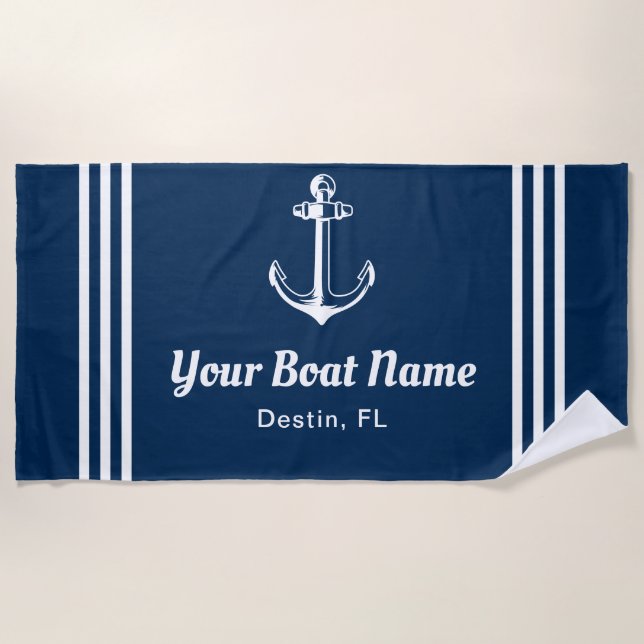 Nautic Navy Blue Custom Bootname Strandtuch (Vorderseite)