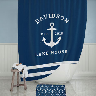Nautic Navy Blue Custom Family Lake House Duschvorhang