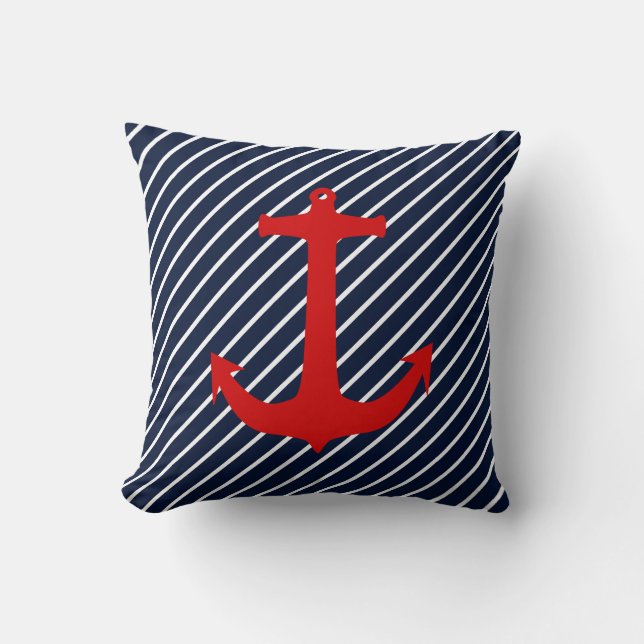 Nautic Navy Blue Diagonal Stripe Red Anchor Kissen (Vorderseite)