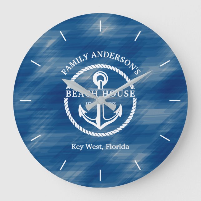 Nautic Navy Blue Family Name Anchor Beach House Große Wanduhr (Vorderseite)