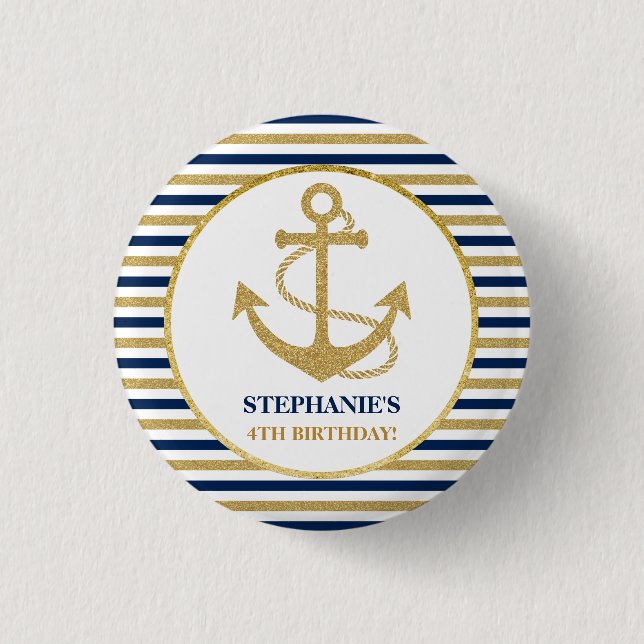 Nautic Navy Blue Gold Anchor Button (Vorderseite)