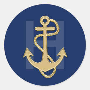 Nautic Navy Blue Gold Anchor MONOGRAM Hochzeit Runder Aufkleber