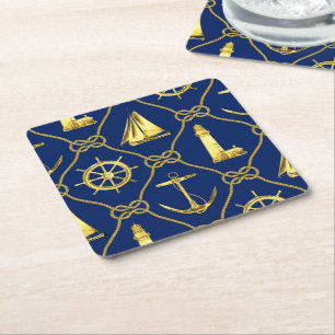 Nautic Navy Blue Gold Anchor Rope Lighthouse Rechteckiger Pappuntersetzer