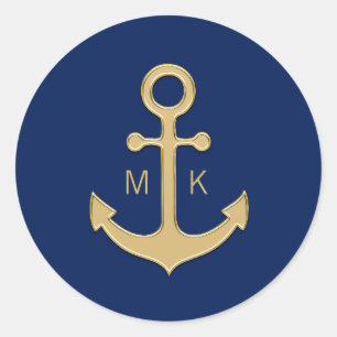 Nautic Navy Blue Gold Anchor Wedding MONOGRAMS Runder Aufkleber
