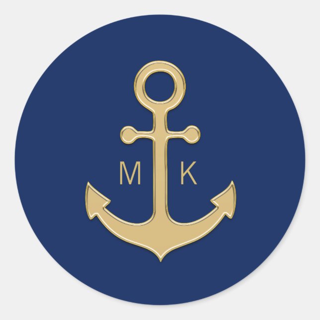 Nautic Navy Blue Gold Anchor Wedding MONOGRAMS Runder Aufkleber (Vorderseite)