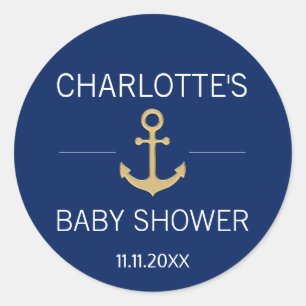 Nautic Navy Blue Gold Anchor White BABY SHOWER Runder Aufkleber