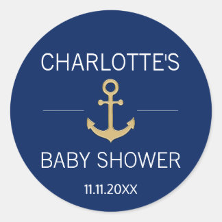Nautic Navy Blue Gold Anchor White BABY SHOWER Runder Aufkleber