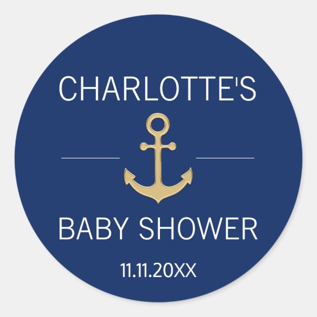 Nautic Navy Blue Gold Anchor White BABY SHOWER Runder Aufkleber (Vorderseite)