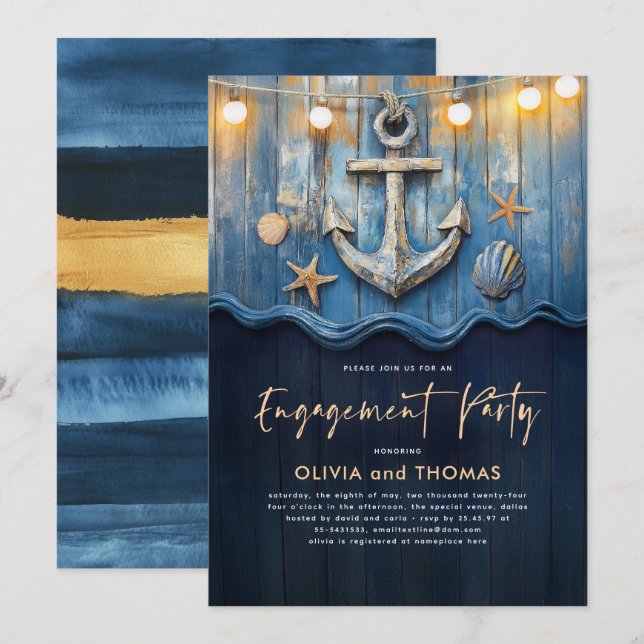 Nautic Navy Blue & Gold Anker Engagement Party Einladung (Vorne/Hinten)