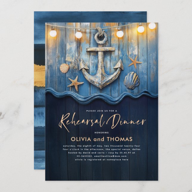 Nautic Navy Blue & Gold Anker Probe Dinner Einladung (Vorne/Hinten)