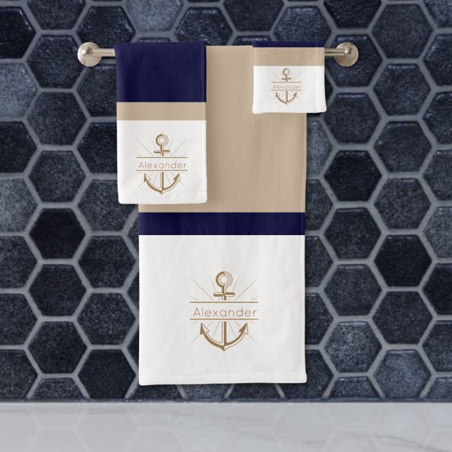 Nautic Navy Blue Khaki White Anchor Monogram Badhandtuch Set (Von Creator hochgeladen)