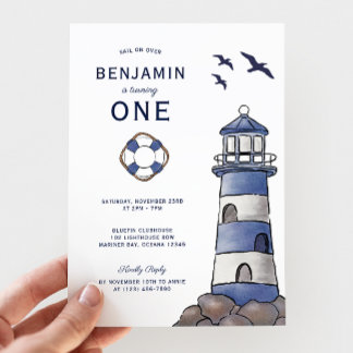 Nautic Navy Blue Lighthouse Costal 1. Geburtstag Einladung