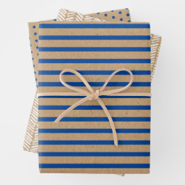 Nautic Navy Blue Lines Imitate Rustic Brown Kraft Geschenkpapier Set