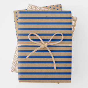 Nautic Navy Blue Lines Imitate Rustic Brown Kraft Geschenkpapier Set