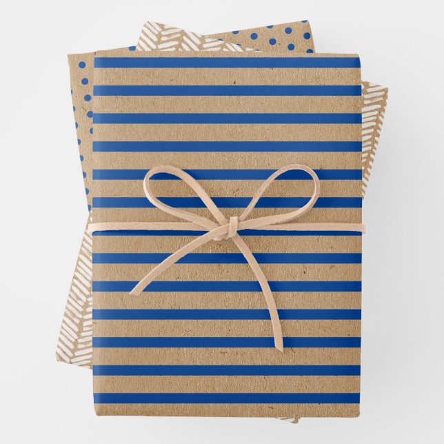 Nautic Navy Blue Lines Imitate Rustic Brown Kraft Geschenkpapier Set (Beispiel)