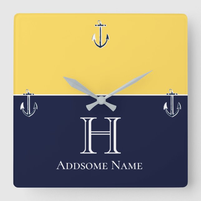 Nautic Navy Blue Mustard Yellow Anchor Monogram Quadratische Wanduhr (Vorderseite)