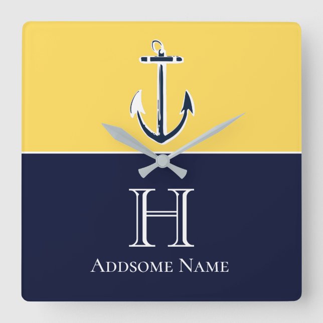 Nautic Navy Blue Mustard Yellow Anchor Monogram Quadratische Wanduhr (Vorderseite)