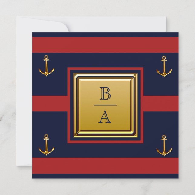 Nautic Navy Blue Red Stripes Anchor Wedding Invi Einladung (Vorderseite)