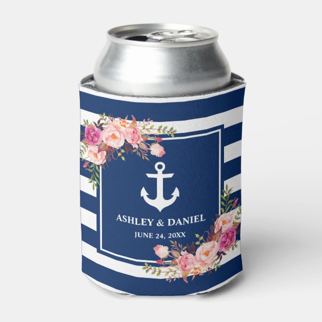Nautic Navy Blue Striped Pink Floral Wedding Dosenkühler (Kanne Vorderseite)
