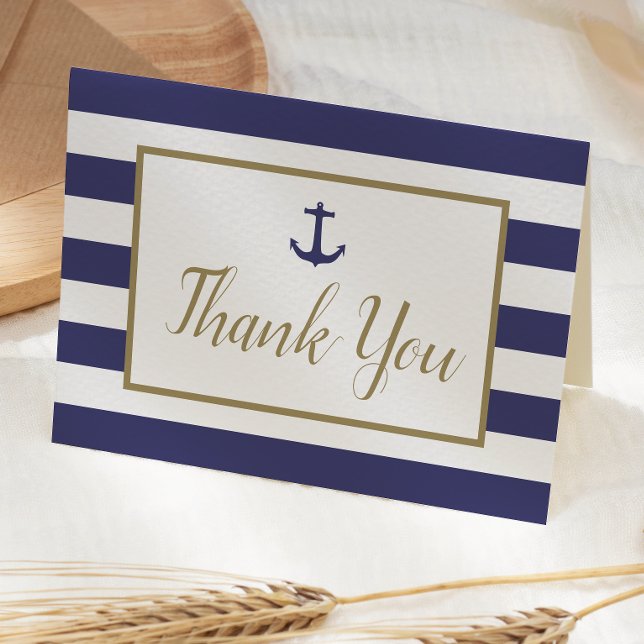 Nautic Navy Blue Stripes Anchor Gold Script Dankeskarte (Von Creator hochgeladen)