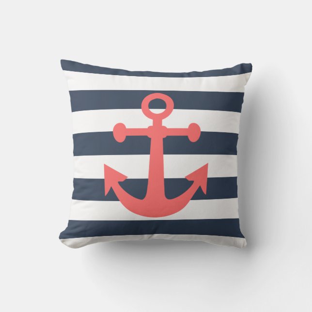 Nautic Navy Blue Stripes Coral Anchor Kissen (Vorderseite)