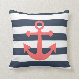 Nautic Navy Blue Stripes Coral Anchor Kissen