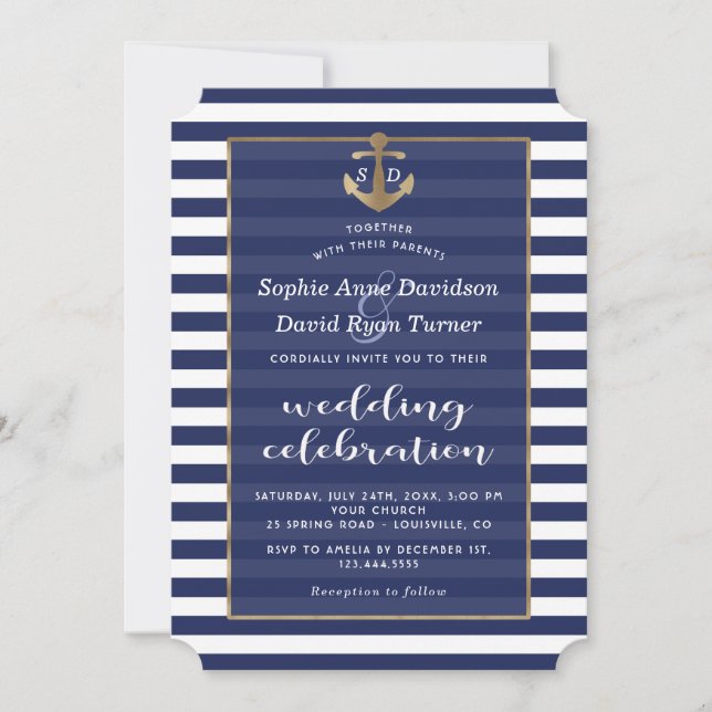 Nautic Navy Blue Stripes Gold Anker Hochzeit Einladung (Vorderseite)