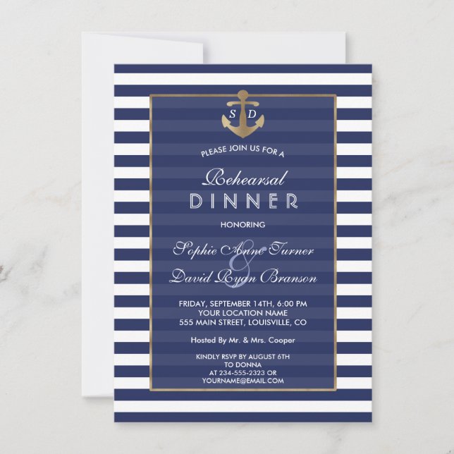 Nautic Navy Blue Stripes Gold PROBE DINNER Einladung (Vorderseite)