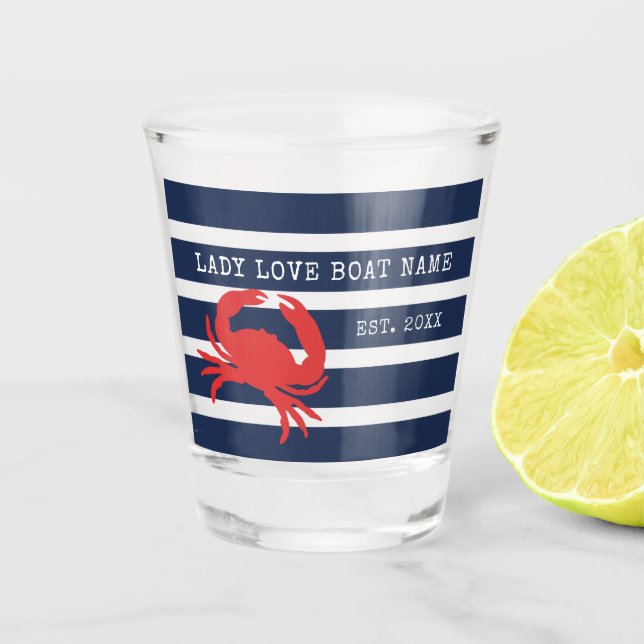 Nautic Navy Blue Stripes Red Crab Boat Name Schnapsglas (Vorderseite)
