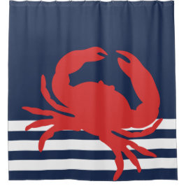 Nautic Navy Blue Stripes Red Crab Duschvorhang