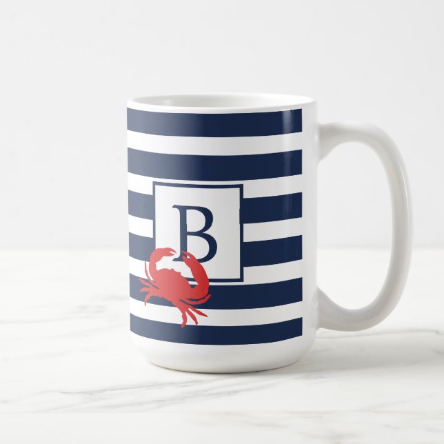 Nautic Navy Blue Stripes Red Crab Monogram Coffe Kaffeetasse (Rechts)