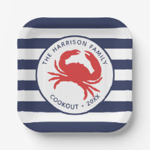 Nautic Navy Blue Stripes Red Crab