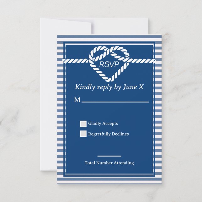 Nautic Navy Blue Tying Stripes Wedding RSVP Karte (Vorderseite)