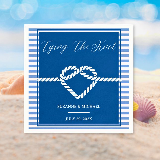 Nautic Navy Blue Tying Stripes Wedding Serviette (Nautical Navy Blue Tying Knot Stripes Wedding Napkins)