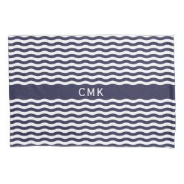 Nautic Navy Blue Waves Chic Beach House Monogram Kissenbezug