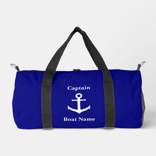 Nautic Navy Blue White Anchor Boat Name Captain Duffle Bag (Vorderseite)