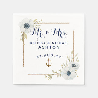 Nautic Navy Blue & White Anemone Dated Wedding Serviette