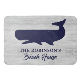 Nautic Navy Blue White Family Name Rustic Whale Badematte