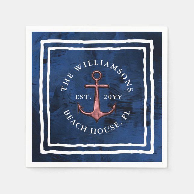 Nautic Navy Blue White Rose Gold Ankerfamilie Serviette (Vorderseite)