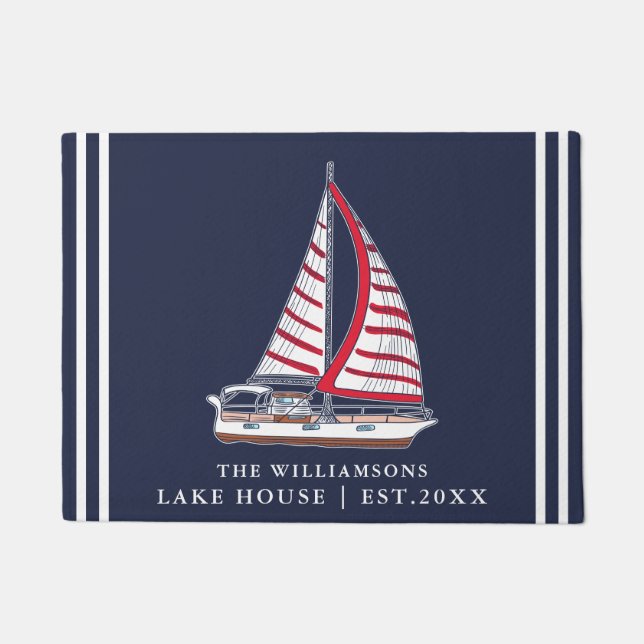 Nautic Navy Blue White Sail Boat Lake House Fußmatte (Vorderseite)