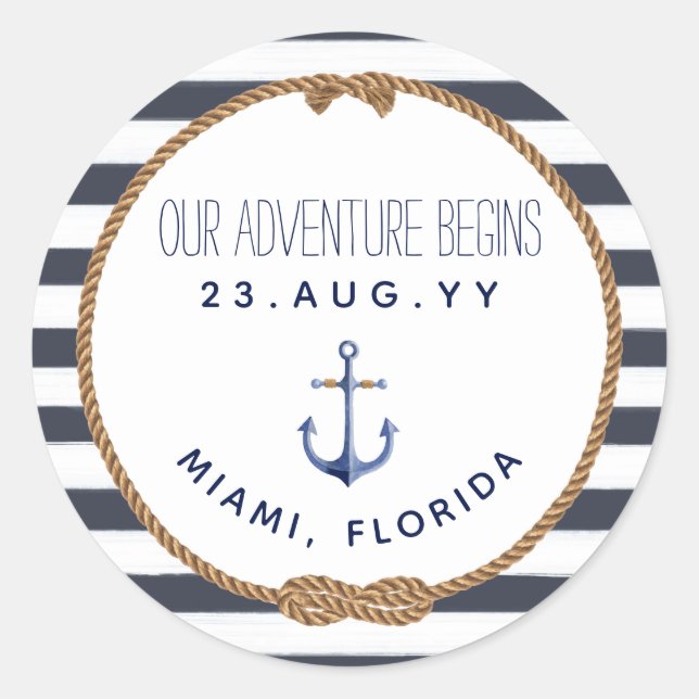 Nautic Navy Blue & White Striped Wedding Runder Aufkleber (Vorderseite)