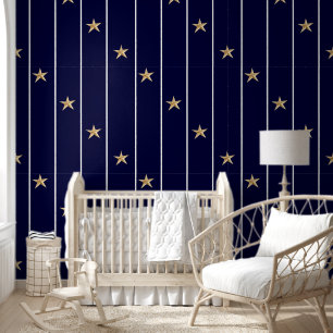 Nautic Navy Blue White Stripes Gold Stars Tapete