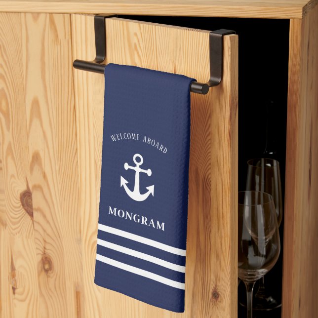 Nautic Navy Blue Willkommensschiff Name Anchor Geschirrtuch (Drittel gefaltet)