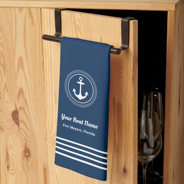 Nautic Navy Blue Willkommensschiff Name Anchor Geschirrtuch (Drittel gefaltet)