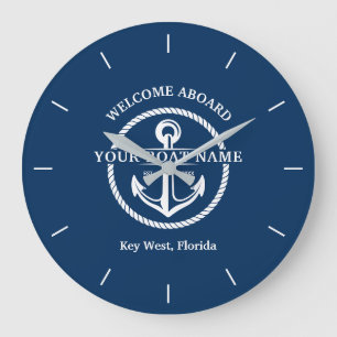 Nautic Navy Blue Willkommensschiff Name Anchor Große Wanduhr