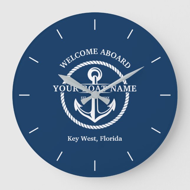 Nautic Navy Blue Willkommensschiff Name Anchor Große Wanduhr (Vorderseite)