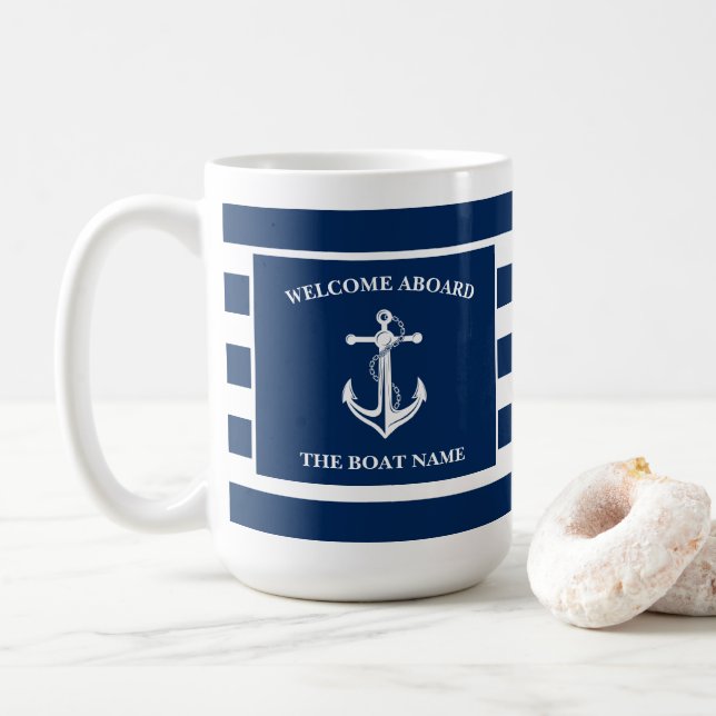 Nautic Navy Blue Willkommensschiff Name Anchor Kaffeetasse (Mit Donut)
