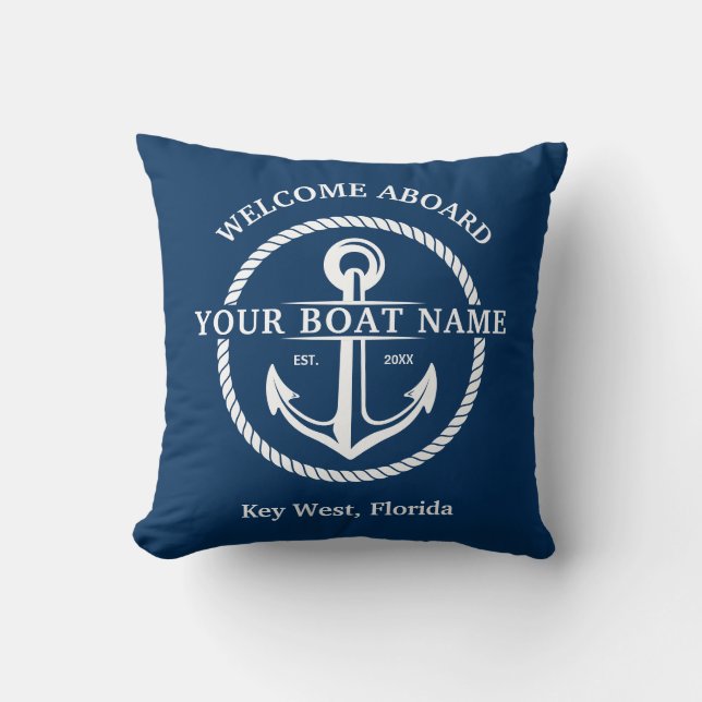 Nautic Navy Blue Willkommensschiff Name Anchor Kissen (Vorderseite)